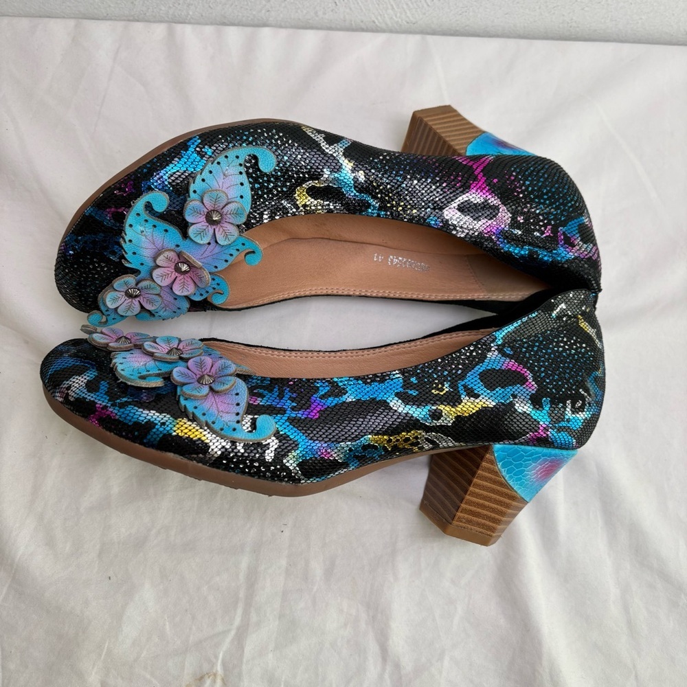 SOCOFY Leather Metallic Floral Applique Snakeskin Pump Heels Artsy 41 (10-10.5) - Picture 7 of 16